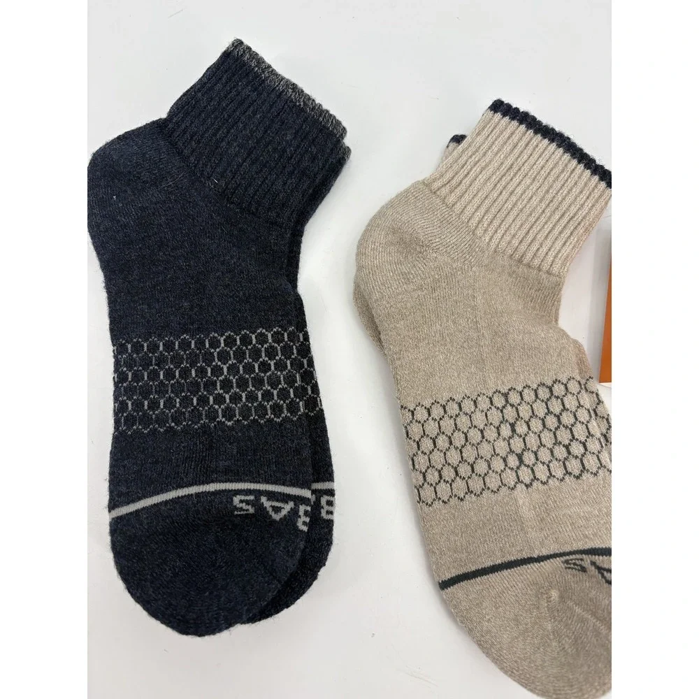 Bombas 2 Pairs Merino Wool Midweight Quarter Socks Beige & Navy, Large, NEW
